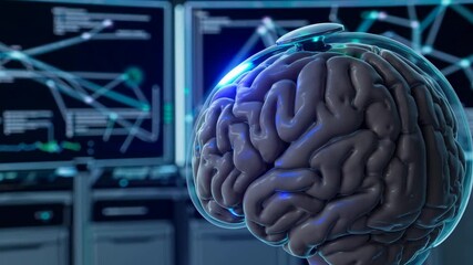 Futuristic video concept with a close-up of a brain model in a lab setting. Captured from a low angle, highlighting digital screens in the background. - Powered by Adobe