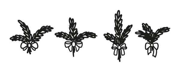 Fir tree bouquets set. Coquette pine tree branches with tied bows. Doodle elements, abstract floral graphics for Christmas cards, banners, celebration event templates. Vector hand drawn illustration.