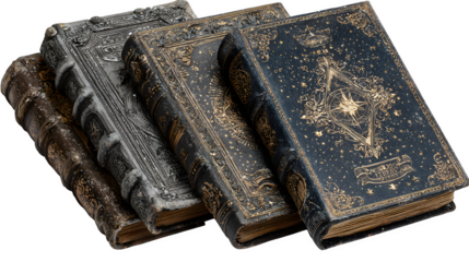 Group of 4 magic spell books, isolated on white background