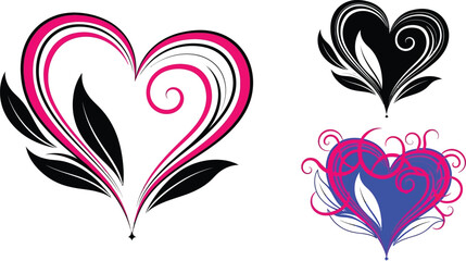 Elegant decorative hearts with floral and swirl motifs, symbolizing love and beauty.