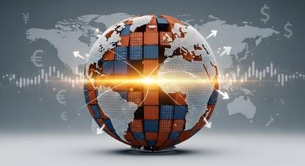 Global trade and logistics concept with cargo containers forming a world globe shape