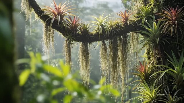 Tree branch with bromeliads and Spanish moss hanging in lush green, misty forest