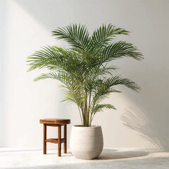 Fototapeta premium Elegant areca palm in white pot with wooden stool against a bright wall for modern interior design