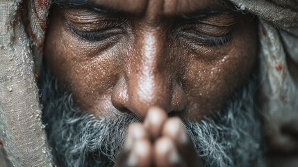 The weight of unspoken prayers reflected on face of mature man in meditation