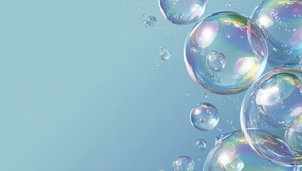 Iridescent bubbles float on blue background; ad design