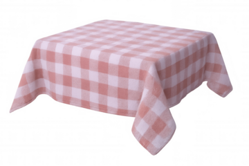 Square table covered with pink checkered tablecloth isolated on transparent background, perfect for food and restaurant concepts