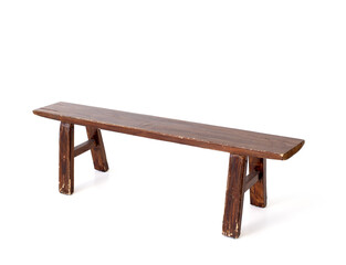 Old, rustic wooden bench on a white background, captured from a high angle. Ideal for themes of simplicity, vintage, and traditional decor.