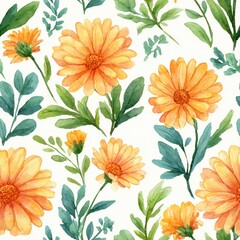 Watercolor Floral Pattern With Orange Flowers And Green Leaves On White Background
