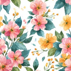 Watercolor Floral Seamless Pattern With Pink And Yellow Flowers On White Background