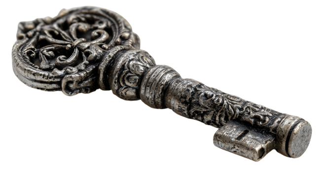 Skeleton key with ornate top, isolated on white background