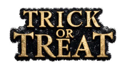 "Trick or Treat" gold foil letters with black lace texture overlay, isolated on white background