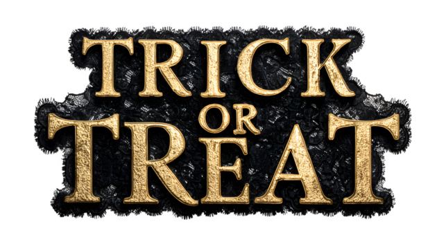 "Trick or Treat" gold foil letters with black lace texture overlay, isolated on white background