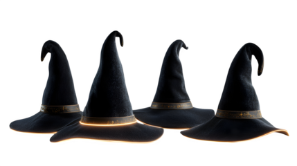 Set of 4 black witch hats with glowing bands, isolated on white background