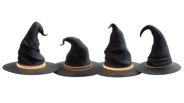 Set of 4 black witch hats with glowing bands, isolated on white background