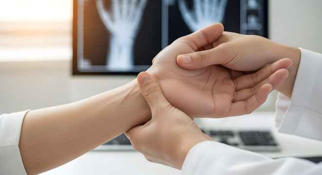 Doctor examining patient wrist injury hand pain medical healthcare treatment diagnosis therapy recovery wellness health professional clinic hospital