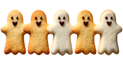 Collection of 5 ghost-shaped cookies, isolated on white background