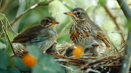 Obraz premium A mother bird tirelessly searching for food to feed her hungry chicks waiting in the nest