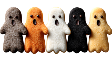 Collection of 5 ghost-shaped cookies, isolated on white background
