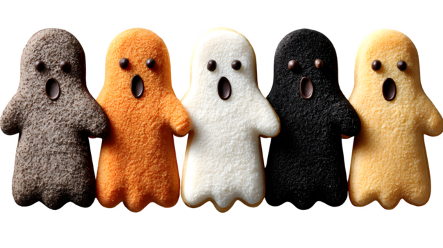 Collection of 5 ghost-shaped cookies, isolated on white background
