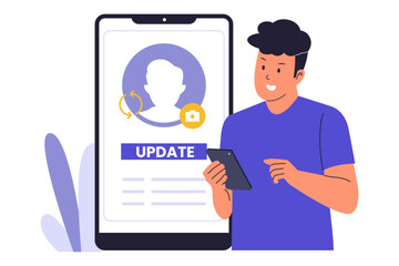 Illustration of Profile Picture Update and Online Identity Management. Person Changing their Avatar on a Smartphone Application. Person holding a smartphone to update their profile picture.