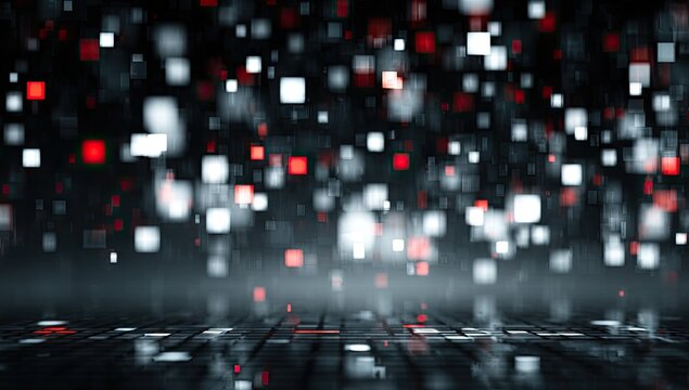 Abstract digital squares in red, white, and dark tones create a dynamic, futuristic scene.