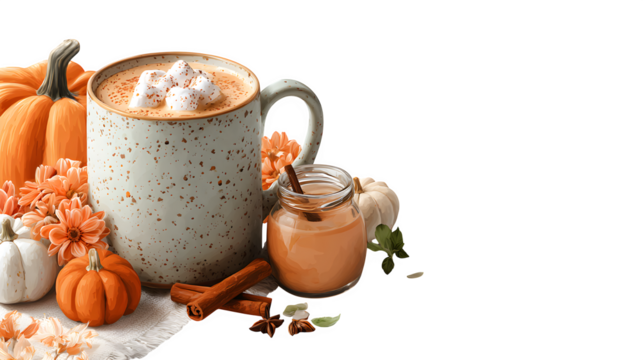 Pumpkin spice themed Halloween coffee party invitation with mug and cinnamon stick accents, isolated on white background