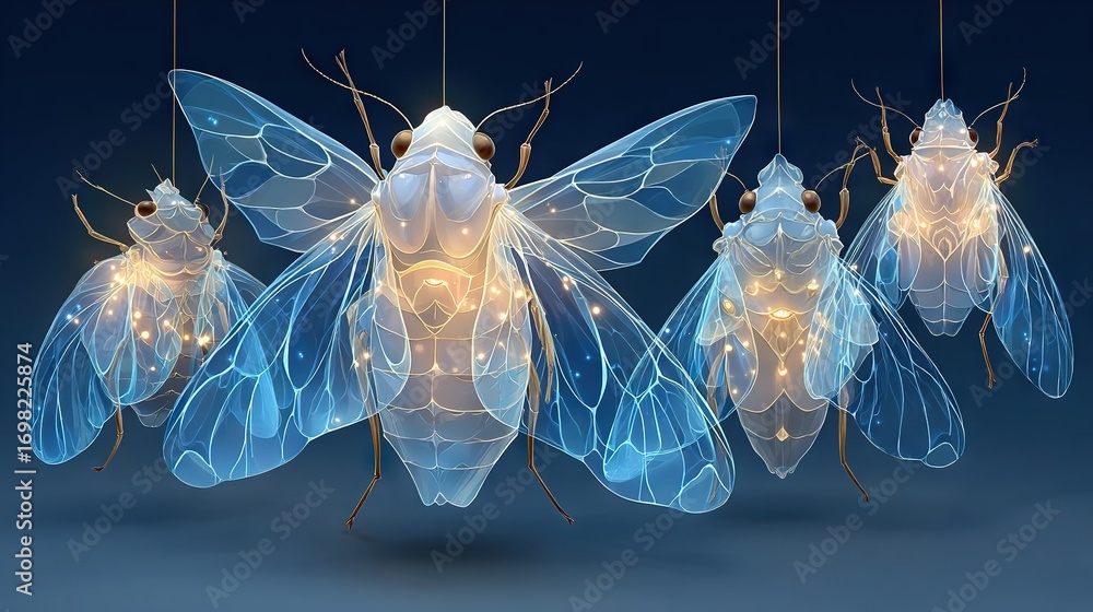 Poster a group of illuminated bees dangling from strings, with lights shaped like bee wings