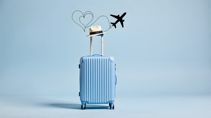 Blue suitcase with airplane and heart shape drawn in sky
