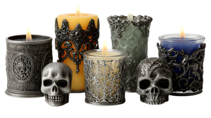 Collection of 5 spooky tea light holders, isolated on white background