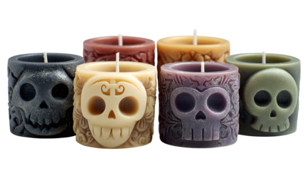 Collection of 5 spooky tea light holders, isolated on white background