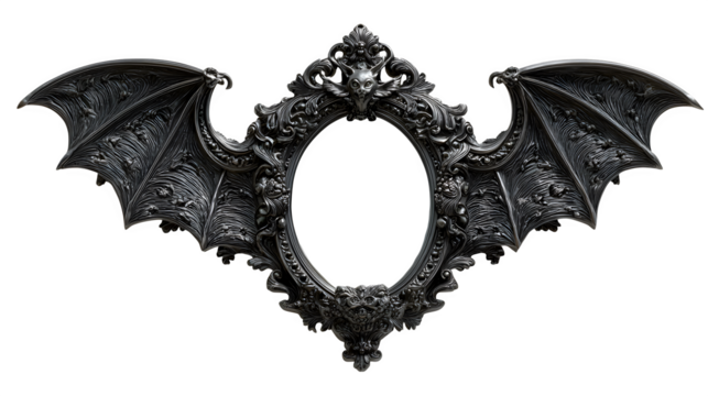 Gothic mirror with bat details, isolated on white background