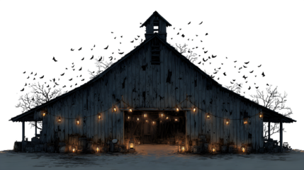 Haunted farm barn silhouette with bats and lanterns, isolated on white background, HD realistic