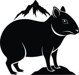 Black Silhouette of a Capybara Standing on Rocks with Mountains Behind rodent animal