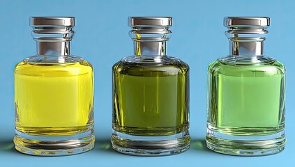 Three colored perfume bottles studio shot, blue background, product display