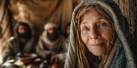 Old woman with serene expression in a tent, with blurred men in the background. Biblical setting depicting Abraham's hospitality.