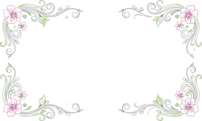 Elegant floral corner border with delicate pink blossoms and swirling green leaves