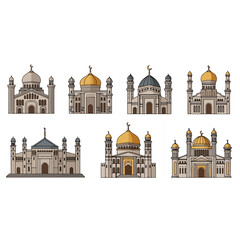 Collection of Islamic Mosques Architectural Designs Vector Illustration.