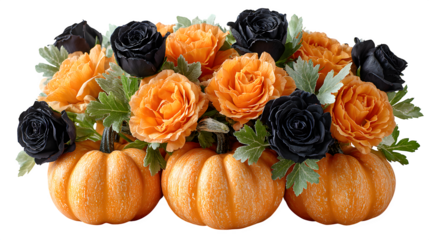 Pumpkin bouquet with black roses, isolated on white background