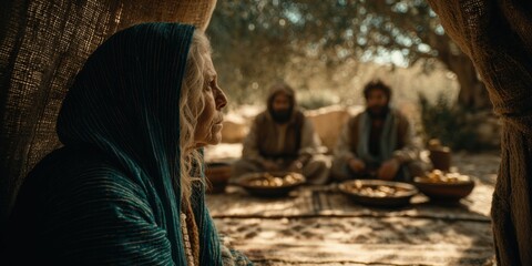 Aging woman in blue headscarf sitting inside tent. Biblical hospitality scene. Nomadic life and desert dwelling.