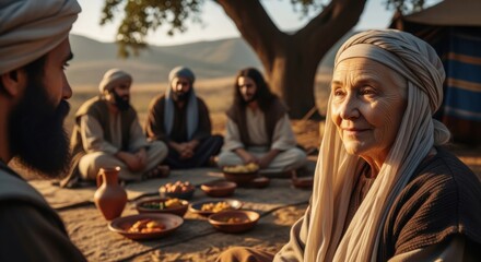 Older woman, Sarah, with three men, Abraham and two angels, sharing a meal in a desert setting during biblical times.