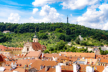 View of the Mala Strana (Lesser Town) historic neighbourhood and Petrin hill in Prague