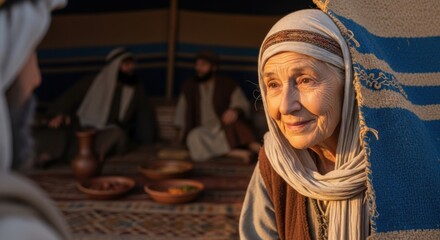 An elderly woman, showing hospitality from biblical times, interacts in a desert nomad tent. Religious concept for story telling and culture.