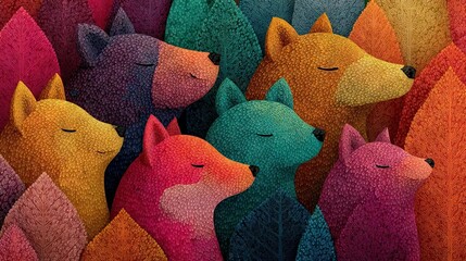   A vibrant depiction of feline slumber, featuring multiple cats with shuttered eyes in vivid hues