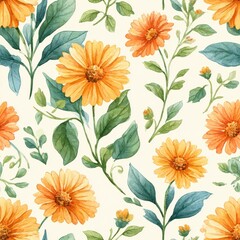 Watercolor Floral Seamless Pattern with Orange Flowers and Green Leaves Design