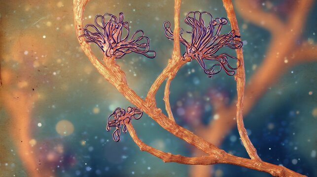 Microscopic human pathogenic molds with branching hyphae and spores, opportunistic fungi causing infections in immunocompromised patients, generative ai illustration