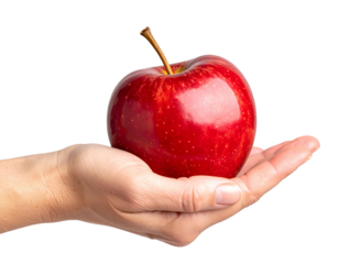 Fresh Red Apple Held in Open Palm Isolated on Transparent Background.