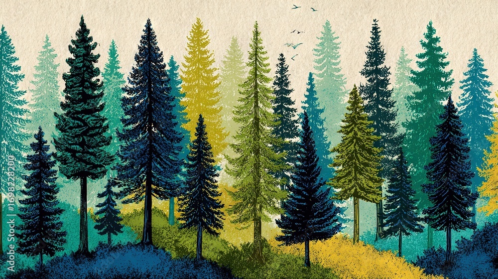 Poster a painting depicts a forest scene with trees and a bird soaring above them in the foreground