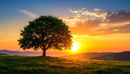 Fototapeta premium A lone tree stands silhouetted against a vibrant sunrise over a rolling green hillside, bathed in warm golden light.