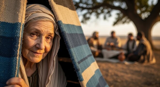 An elderly woman peeking from her tent, observing men gathered under a tree. Biblical concept of Abrahamic hospitality and desert life.