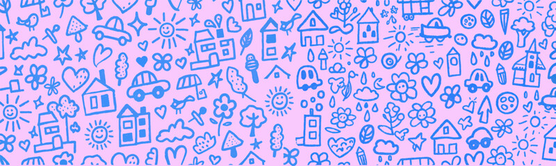 Childlike Doodle Pattern of Homes, Vehicles, and Nature Elements on a Pastel Background. A whimsical and playful seamless pattern featuring simple, childlike drawings of houses, cars, trees, flowers.